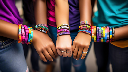 Create an image of a diverse group of young adults smiling and showing off their stylish message bracelets in vibrant colors. Each bracelet features inspirational words and phrases like Believe, Stren