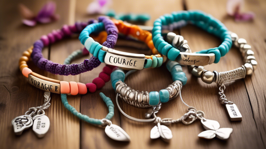 Create an image of a collection of colorful, stylish bracelets laid out on a rustic wooden table. Each bracelet features an inspirational word or short phrase such as Courage, Believe, Strength, Dream