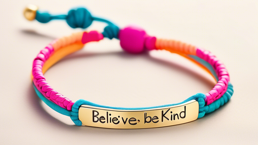 Create an image of trendy bracelets with inspirational and expressive messages on them. Each bracelet should have a unique design featuring vibrant colors, different materials, and fashion-forward sty