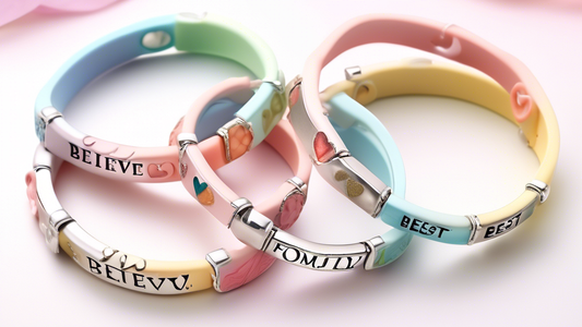 Create a vibrant and stylish image of personalized message bracelets in various designs and colors. Each bracelet should feature a unique, heartfelt message like 'Best Friends Forever,' 'Believe in Yo