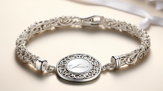 Create an image of a beautifully crafted bracelet made of silver with intricate details. The bracelet features a central charm that holds a small, delicate plaque. On the plaque, there is an engraved 