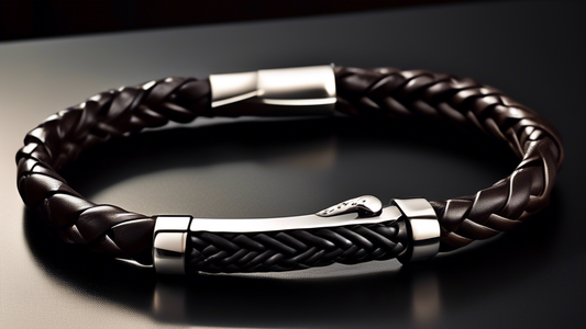 Create an image of a stylish men's bracelet made of dark braided leather, with a sleek hidden compartment that reveals an engraved inspirational message. The bracelet should be elegantly worn on a man