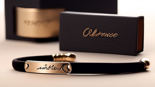 Create an image of a stylish and elegant bracelet, made from a combination of metallic elements and leather, that discreetly hides an engraved message on the inside surface. The bracelet is placed on 