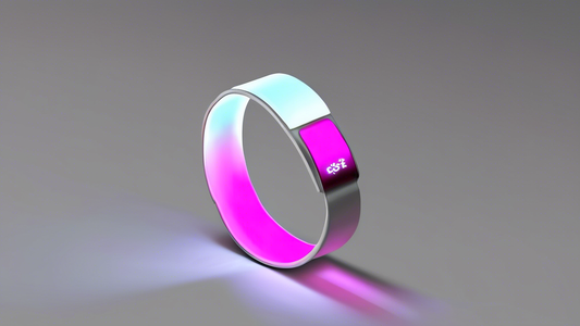 Create an image of a sleek, modern bracelet that uses LED lights and subtle vibrations to send messages. The bracelet should be on a person's wrist, with the person receiving a notification. The backg