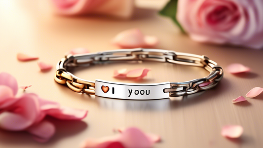 Create an image of a stylish and modern men's bracelet with a sleek metal band engraved with the words 'I Love You'. The background is a romantic setting with subtle, warm lighting, perhaps a wooden t