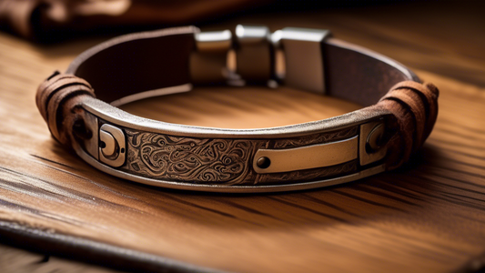 A close-up image of a stylish men's bracelet, intricately designed with rustic leather and metal. The bracelet features subtle engravings and hidden messages that can only be seen when closely observe