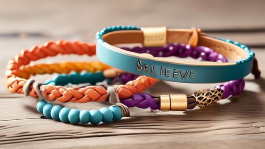 Create an image of stylish bracelets adorned with uplifting words and phrases such as 'Believe,' 'Stay Strong,' and 'You Got This.' The bracelets should be in a variety of colors and materials, includ