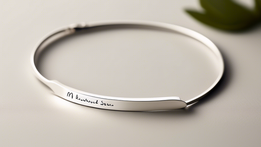 Create an elegant and minimalist image of a delicate, curved skinny bar bracelet. The bracelet should be crafted from fine metal and feature a sleek, personalized message engraved on the bar. The back