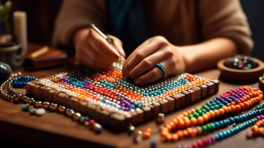 Create an image of a person crafting a stylish beaded bracelet at a cozy workspace, with a focus on using Morse code patterns for a secret message. The scene includes colorful beads, a Morse code char