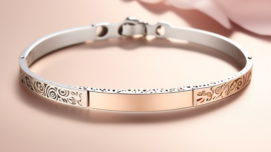 Create an image of an elegant hidden message bracelet for women. The bracelet should be intricate and stylish, with delicate engravings that form a hidden message when looked at closely. This piece of