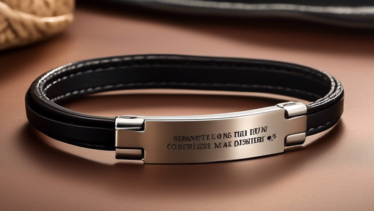 Create an image of a stylish men's bracelet made of high-quality leather and stainless steel, featuring an engraved hidden message on the inner side. The scene should depict a sophisticated man in a m
