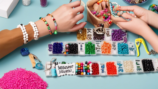 Create an image showcasing a person's hands crafting personalized jewelry with beaded message bracelets. The scene should include colorful beads, alphabet beads, string, and tools spread out on a well