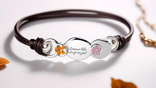 Create a visually stunning image of a handcrafted bracelet with a personalized engraved message. The bracelet should be elegant yet simple, made of high-quality materials like silver or leather. The p