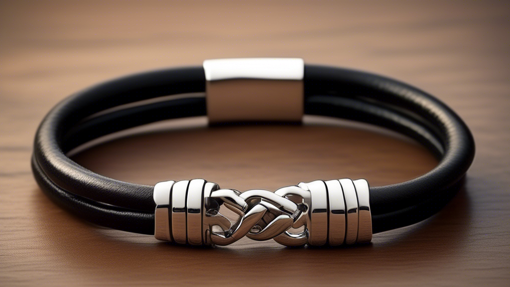 Create an image of a stylish men's bracelet made from black leather and polished silver accents. The bracelet should have an elegant clasp and a subtle, hidden compartment where a small, secret messag