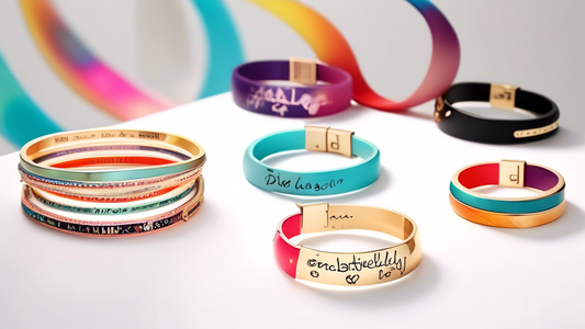 Prompt for DALL-E: Create an image of beautifully designed bracelets with inspirational quotes engraved on them. The bracelets should be colorful and modern, displayed in an elegant and aesthetically 