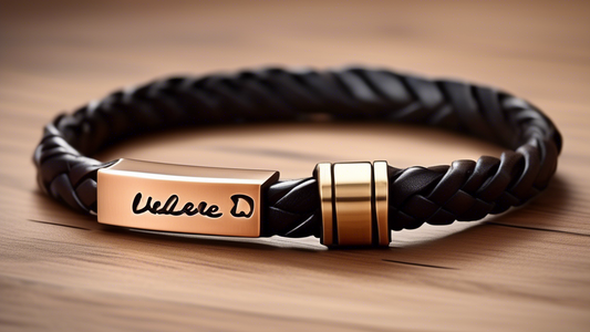 Create an image showcasing a stylish men's leather bracelet with an elegant hidden message. The bracelet should be rugged yet sophisticated, possibly featuring braided or woven textures. Include a clo