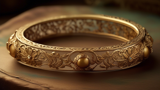 Create an image of an antique gold bracelet with intricate engravings, partially hidden among vintage jewelry and soft, delicate lace. The engraved details should be clear enough to reveal a touching,