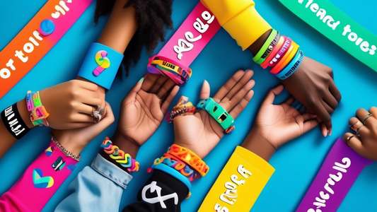 Create an image showcasing a group of diverse teenagers wearing colorful rubber message bracelets, each featuring different trendy phrases and symbols. The scene should have a vibrant, energetic backg