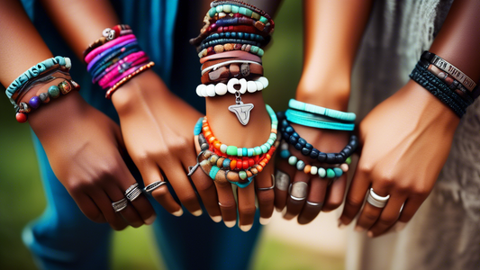 A vibrant and colorful image of several hands, each wearing a bracelet with an inspirational word or phrase. The bracelets are made from various materials like leather, beads, and thread, and each one