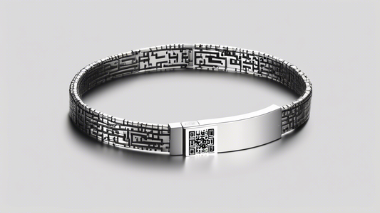 Create a high-resolution image of a modern, stylish bracelet with a small, elegant QR code embedded into a sleek metallic charm. The bracelet should appear trendy and fashionable, suitable for both ca