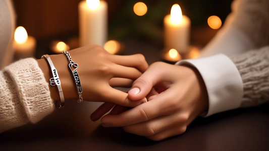 Create a detailed and heartwarming image of a couple exchanging I Love U bracelets in a cozy, romantic setting. The bracelets should be elegant, with a sleek and modern design, featuring the phrase I 
