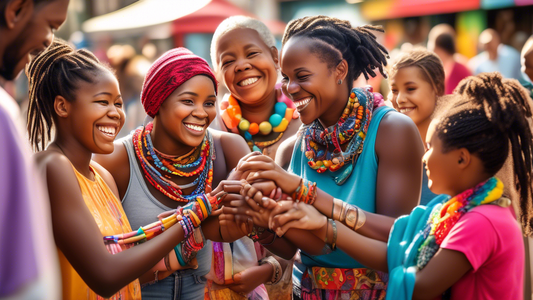 Create a heartwarming and colorful image of people from diverse backgrounds wearing and sharing bracelets engraved with positive messages such as Love, Hope, Courage, and Joy. The scene should depict 