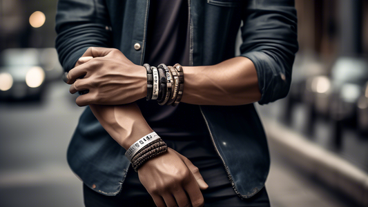 Create an image of a stylish man wearing various message bracelets on his wrist, each engraved with words like Strength, Courage, and Love. The background should show a modern, urban setting with a hi