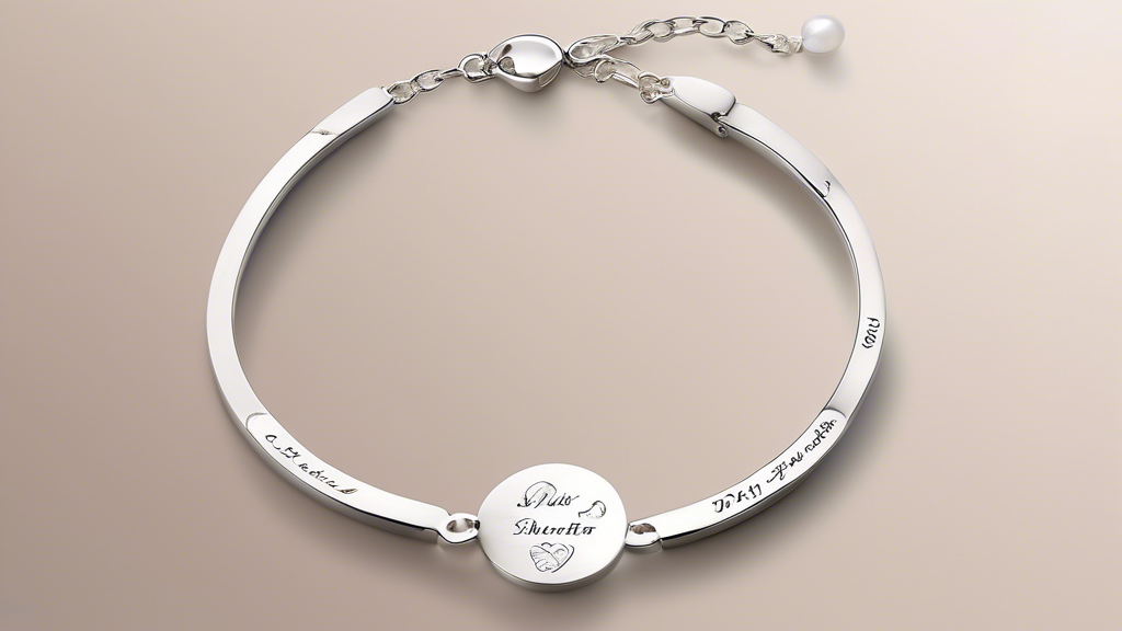 Create an image of a delicate bracelet adorned with personalized messages, elegantly engraved with names or short phrases. The bracelet should be presented in an aesthetic gift box with a romantic or 