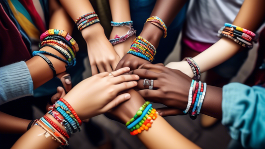 Create an image of a diverse group of people, ranging from teenagers to adults, proudly wearing colorful, personalized message bracelets on their wrists. The bracelets should display a variety of upli