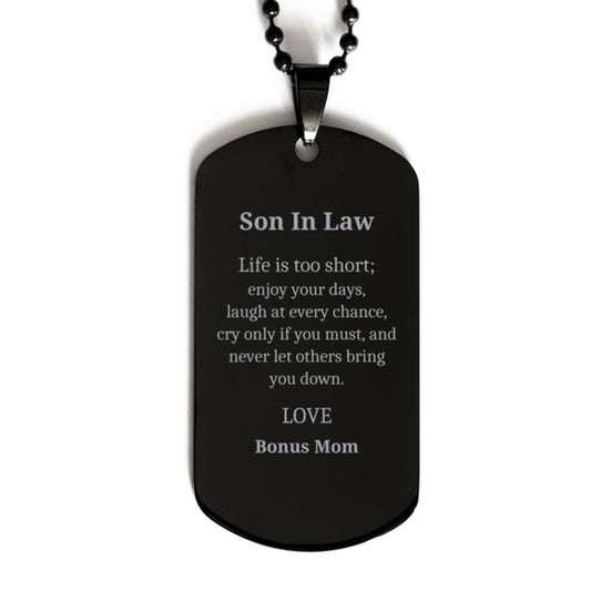 son in law black dog tag engraved with inspirational quote for birthday gift from bonus mom unique and meaningful jewelry for him