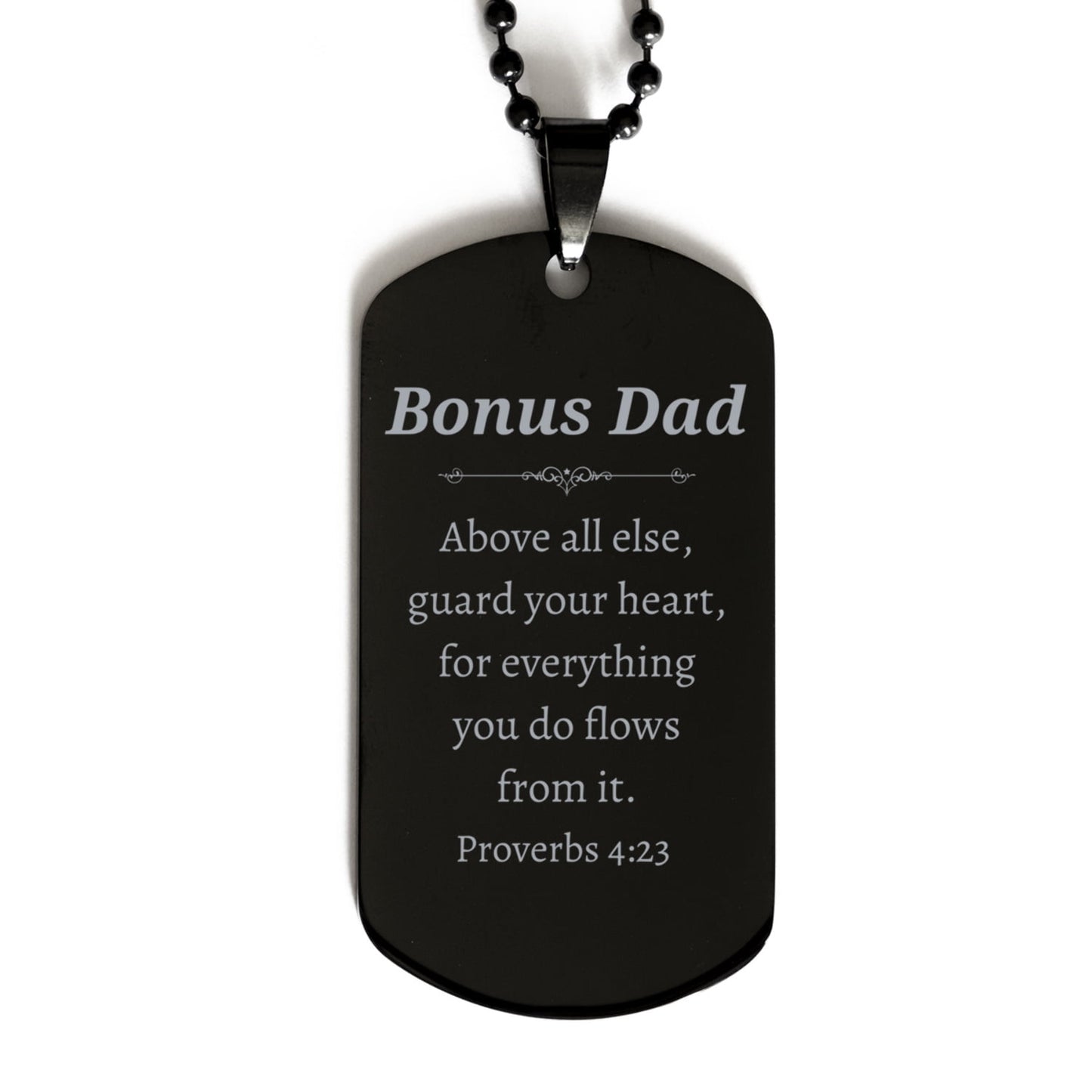 bonus dad black dog tag engraved keychain gift for him proverbs 4:23 fathers day christmas birthday graduation inspirational