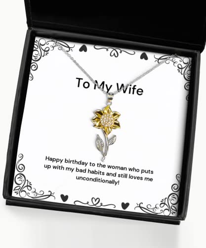 Wife Gifts For Wife, Happy birthday to the woman who puts up with my!, Love Wife Sunflower Pendant Necklace, Jewelry From Husband, Funny sunflower pendant necklace gift ideas, Unique sunflower pendant