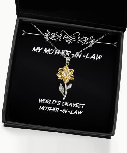 Joke Mother-in-Law Gifts, World's Okayest Mother-in-Law, Motivational Sunflower Pendant Necklace for Mother from Son