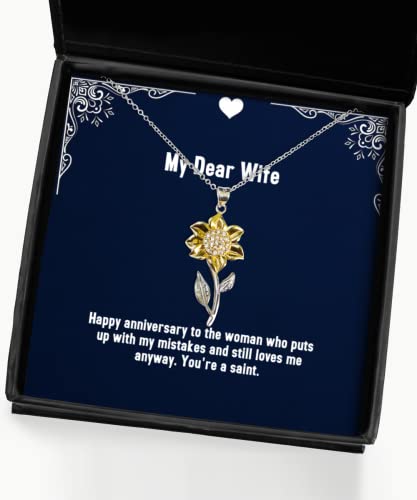 Sarcasm Wife Gifts, Happy Anniversary to The Woman who Puts up with My Mistakes, Wife Sunflower Pendant Necklace from Husband, Wedding, Valentines Day, Mothers Day, Christmas