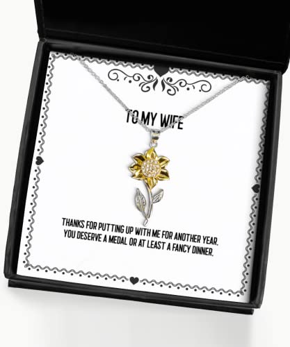 Joke Wife Sunflower Pendant Necklace, Thanks for putting up with me for another year. You, New Gifts for Wife, Birthday Gifts, Birthdaygift ideas, Unique birthdaygifts, Inexpensive birthdaygifts,