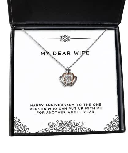 Happy Anniversary to The one Person who can Put up with me! Wife Crown Pendant Necklace, Sarcastic Wife Gifts, Jewelry for Wife, Wedding Gifts, Birthday Gifts