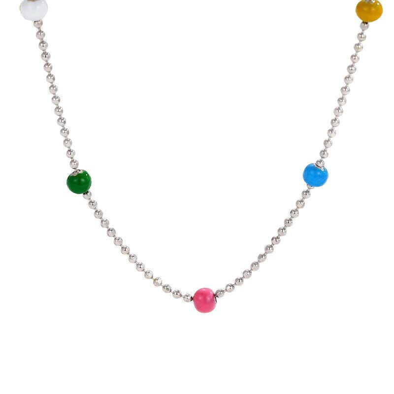 S925 Sterling Silver Rainbow Bead Necklace - 16.1 to 19.7 Inches, Lightweight & Stylish