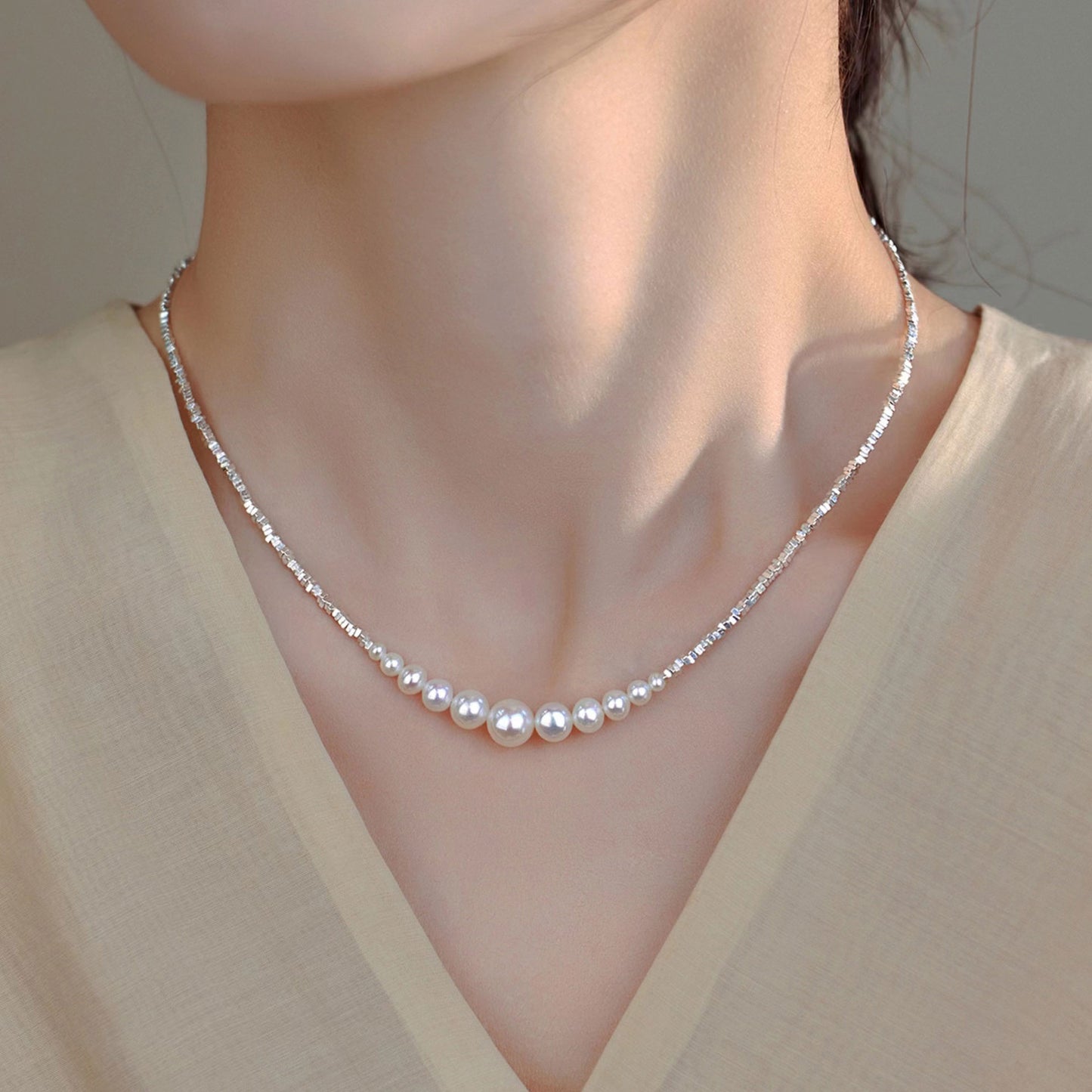 Elegant Sterling Silver Pearl Necklace - Adjustable Minimalist Clavicle Chain