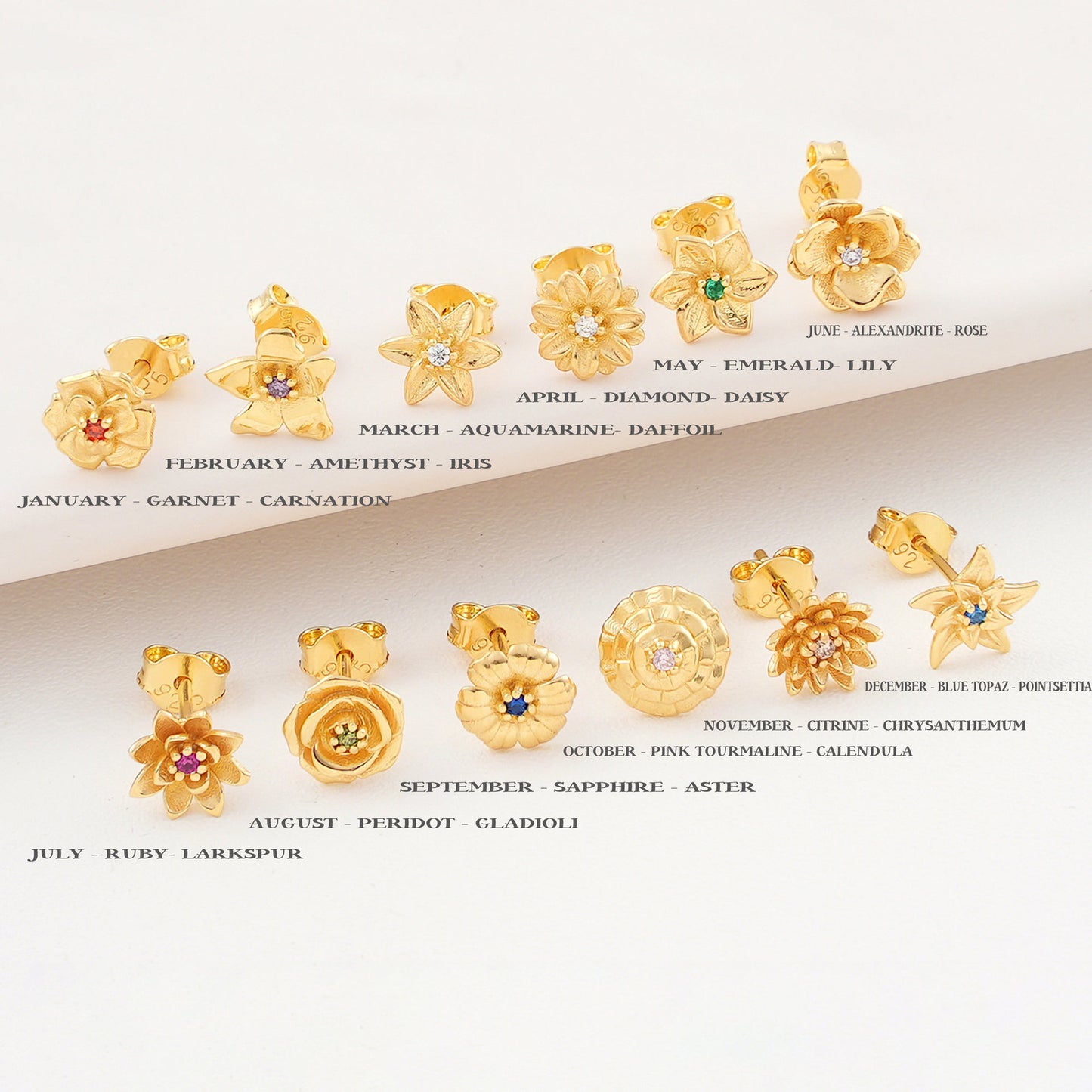 Birth Flower Stud Earrings - Gold-Plated Hypoallergenic Flower Earrings