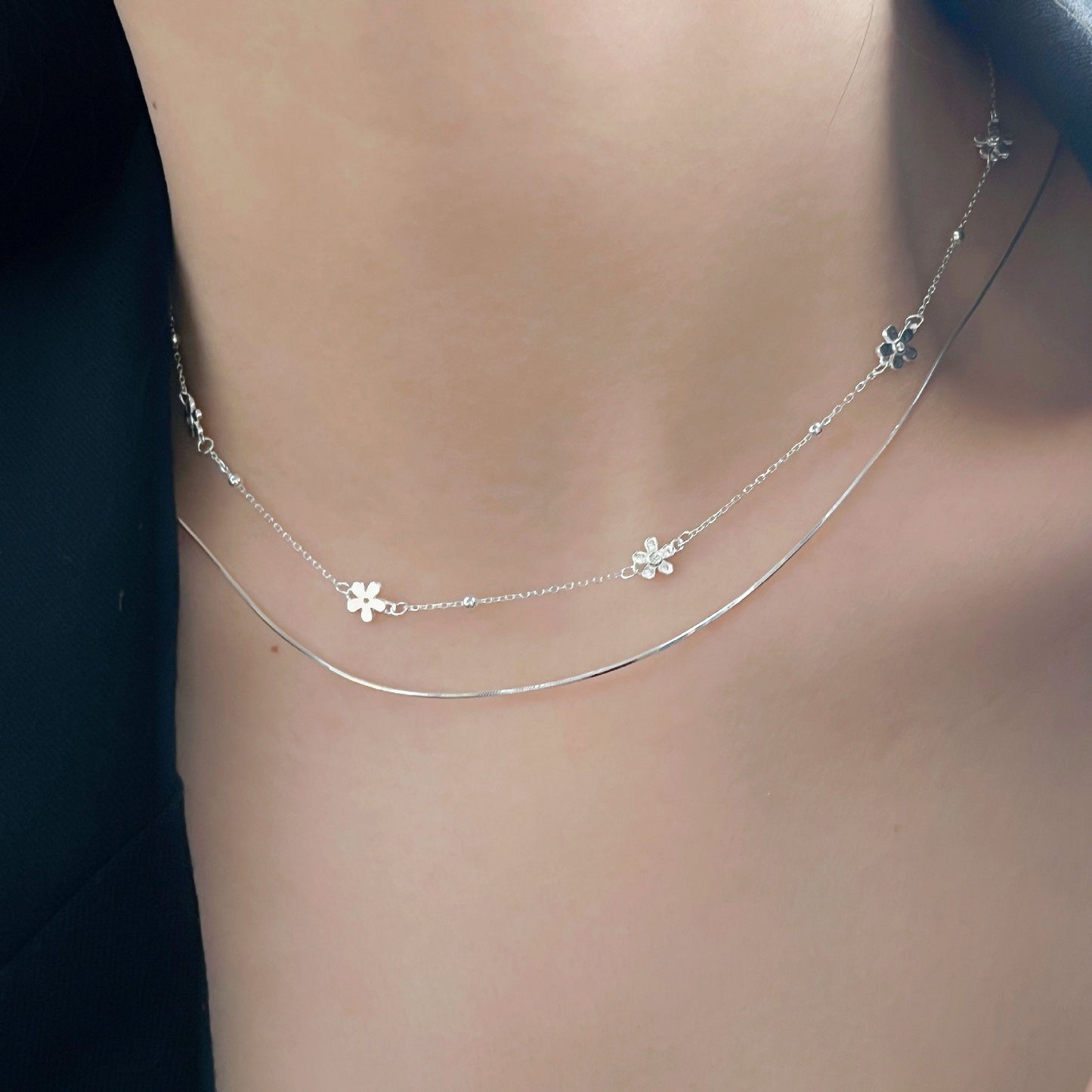 S925 Sterling Silver Flower Stacking Temperament Clavicle Necklace