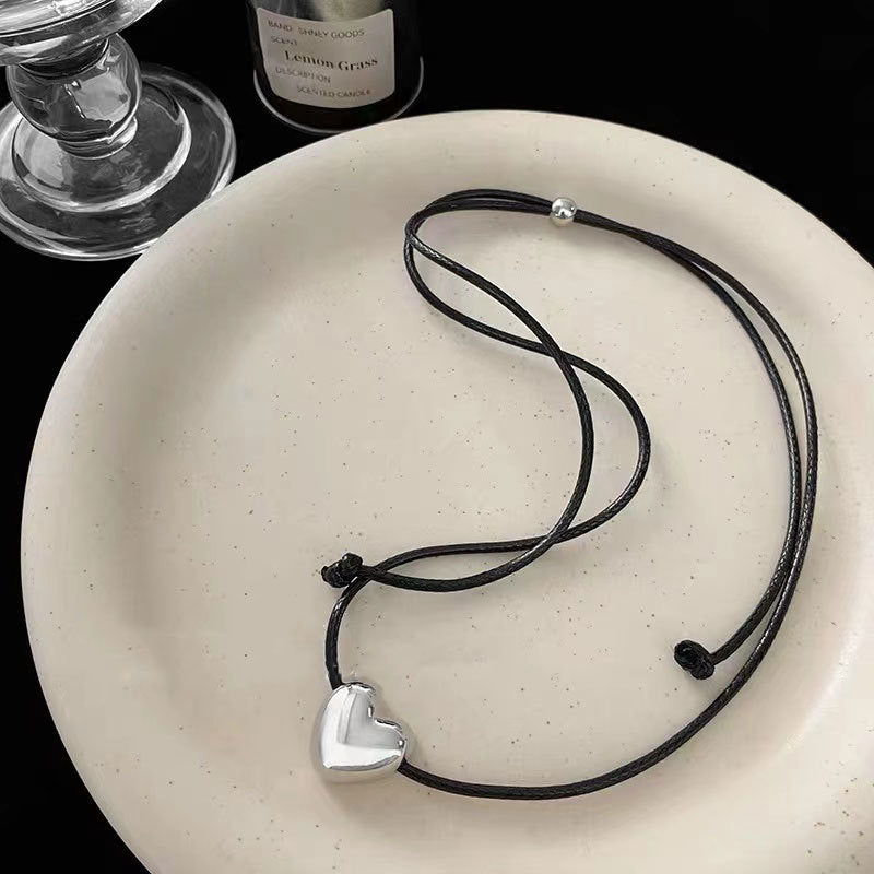 S925 Silver Minimalist Black Leather Love Necklace for Women