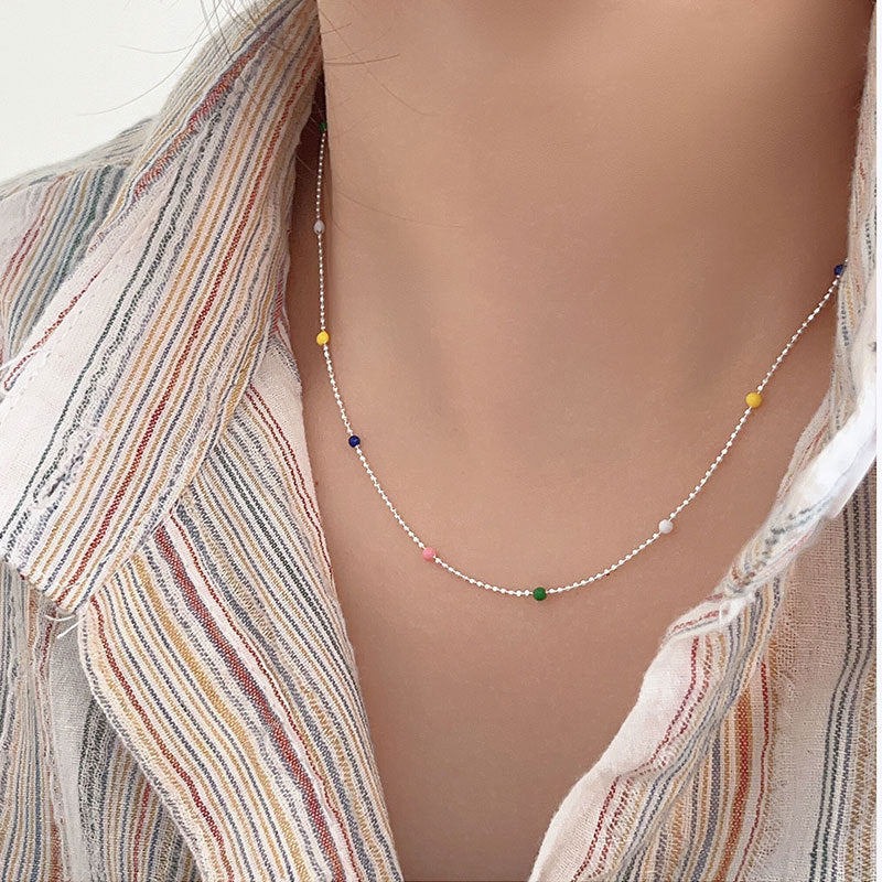 S925 Sterling Silver Rainbow Bead Necklace - 16.1 to 19.7 Inches, Lightweight & Stylish