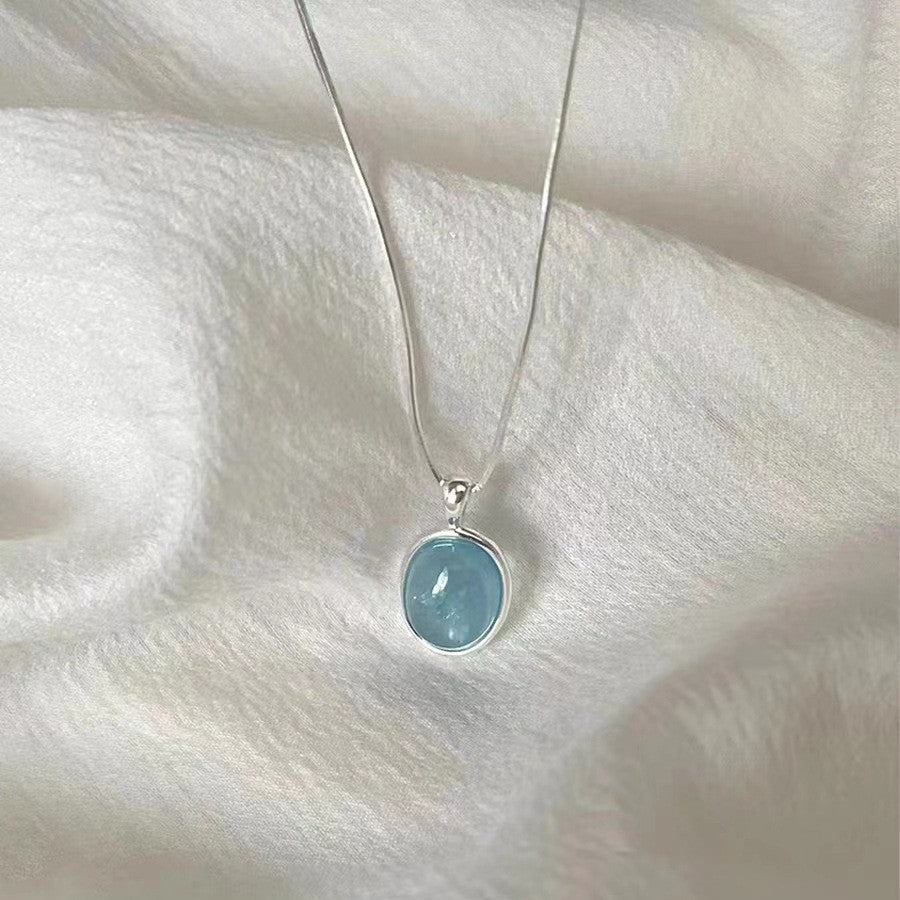 S925 Aquamarine Pendant Necklace  Sterling Silver Women's Jewelry