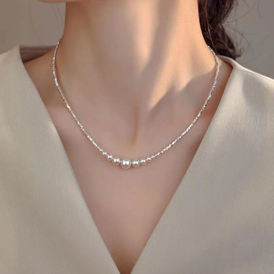 Elegant Sterling Silver Pearl Necklace - Adjustable Minimalist Clavicle Chain