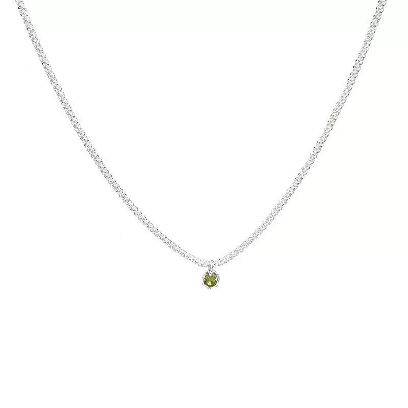 S925 Sterling Silver Grandmother Green Vermiculite Sparkling Necklace, 16.14-19.69 in