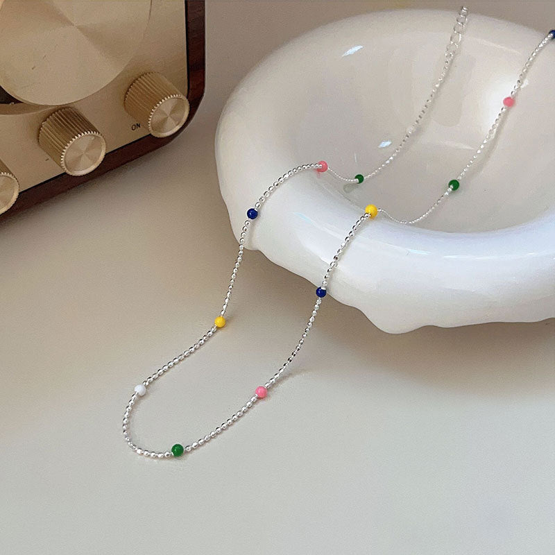 S925 Sterling Silver Rainbow Bead Necklace - 16.1 to 19.7 Inches, Lightweight & Stylish