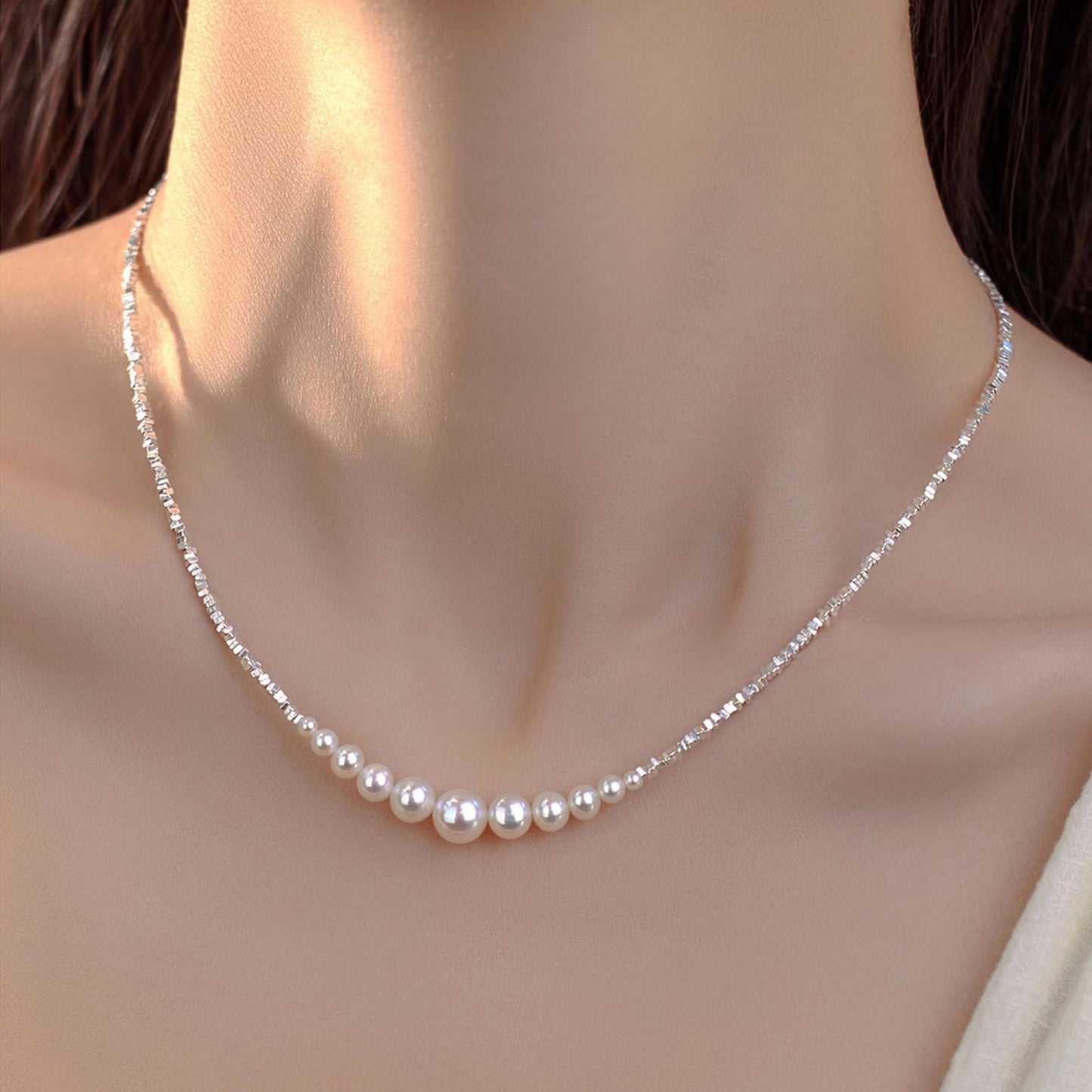 Elegant Sterling Silver Pearl Necklace - Adjustable Minimalist Clavicle Chain