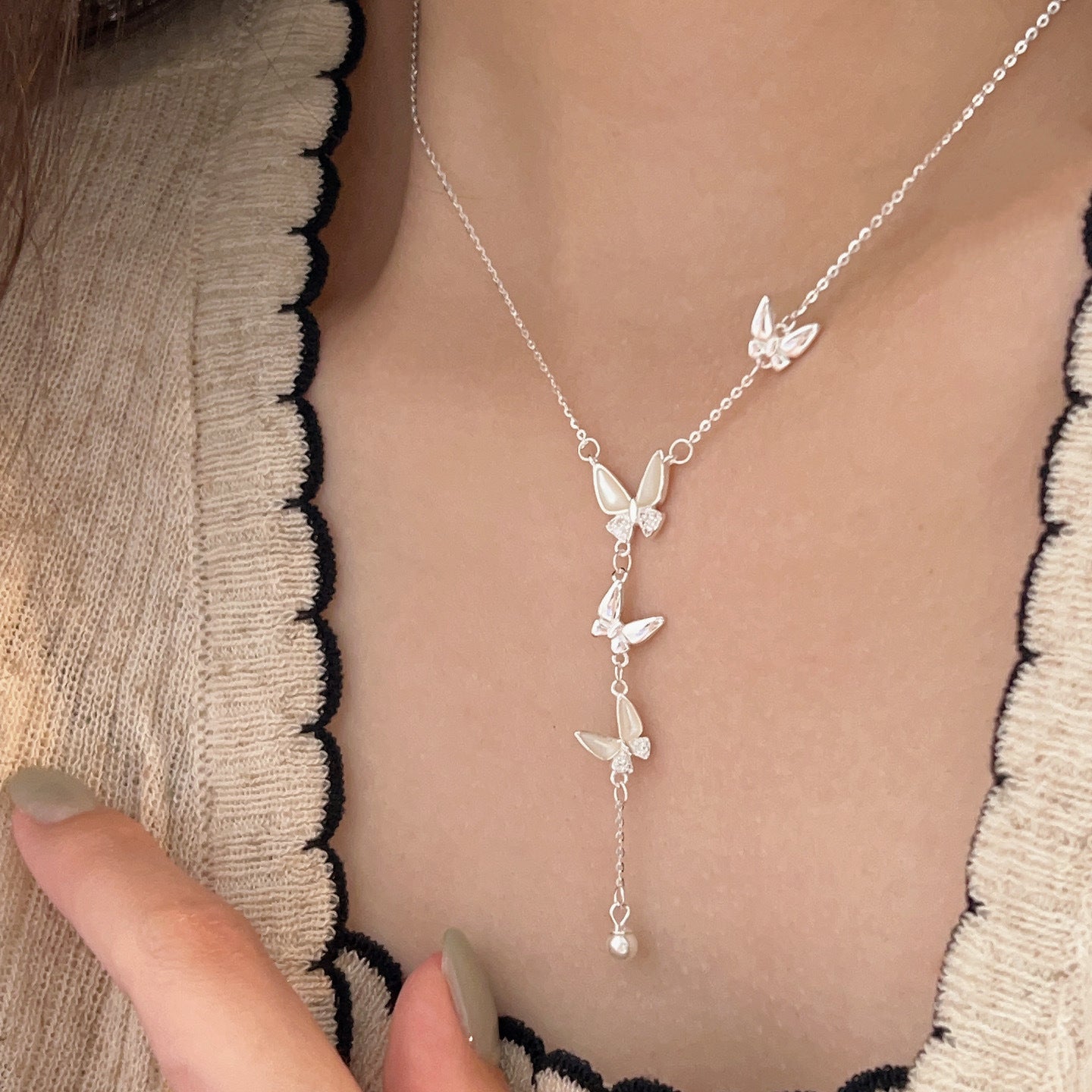 S925 Sterling Silver Silk-to-Shell Butterfly Necklace | Adjustable 16.1-19.7 inches | Elegant Jewelry Gift