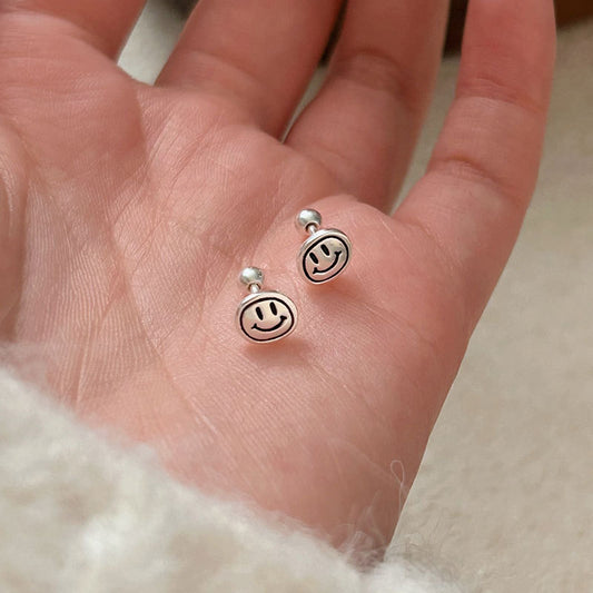 S925 Sterling Silver Round Smiley Face Earrings