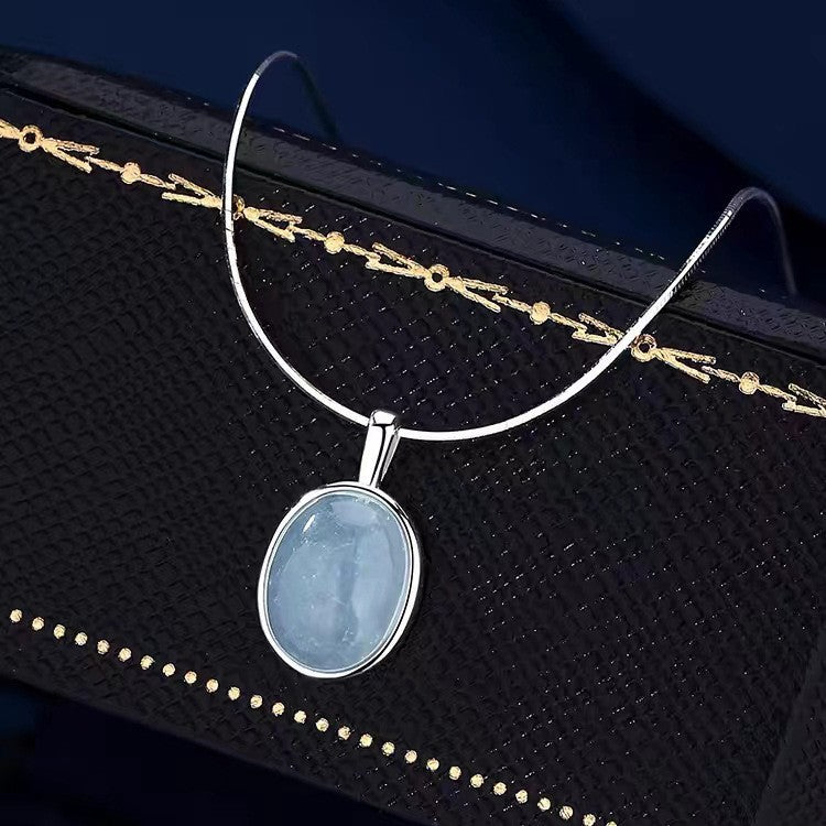 S925 Aquamarine Pendant Necklace  Sterling Silver Women's Jewelry